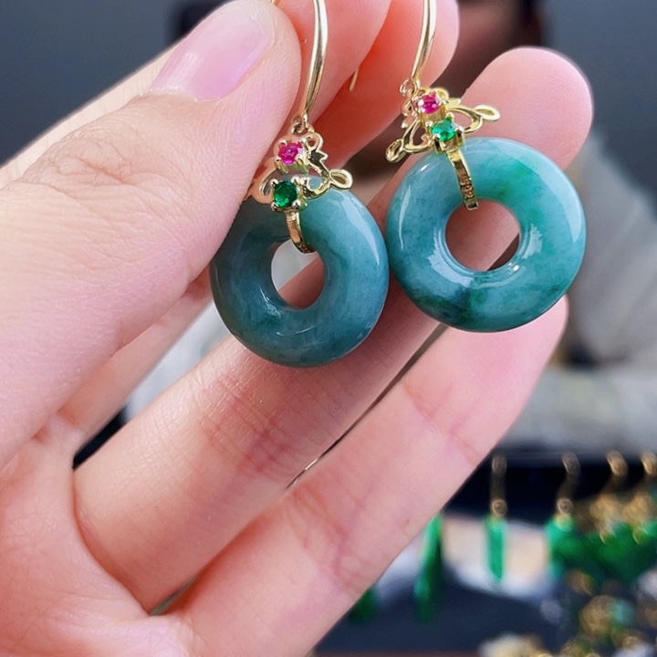 翡翠耳饰银S925镶嵌饰品