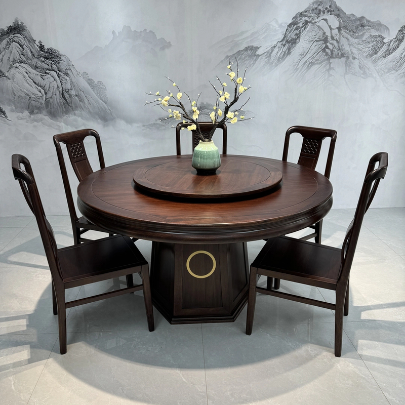 乌金木大气简约大圆桌新中式实木餐桌椅组合带转盘高档家用饭桌