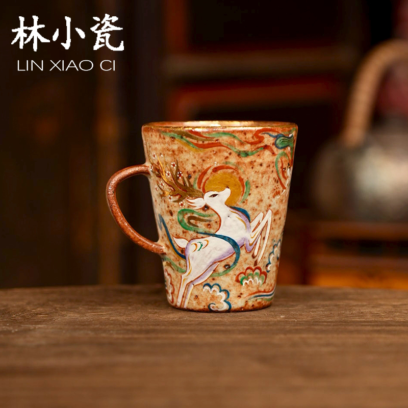 林小瓷九觉堂九色鹿咖啡杯手绘飞天主人杯水杯带把拿铁杯志野柴烧