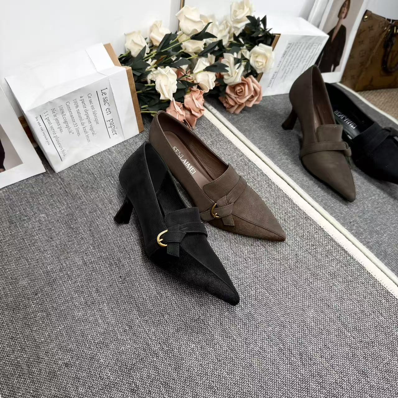 【百搭款】MQE/牛皮/6CM/33-40/9891马毛真皮拼接高跟气质时尚女鞋