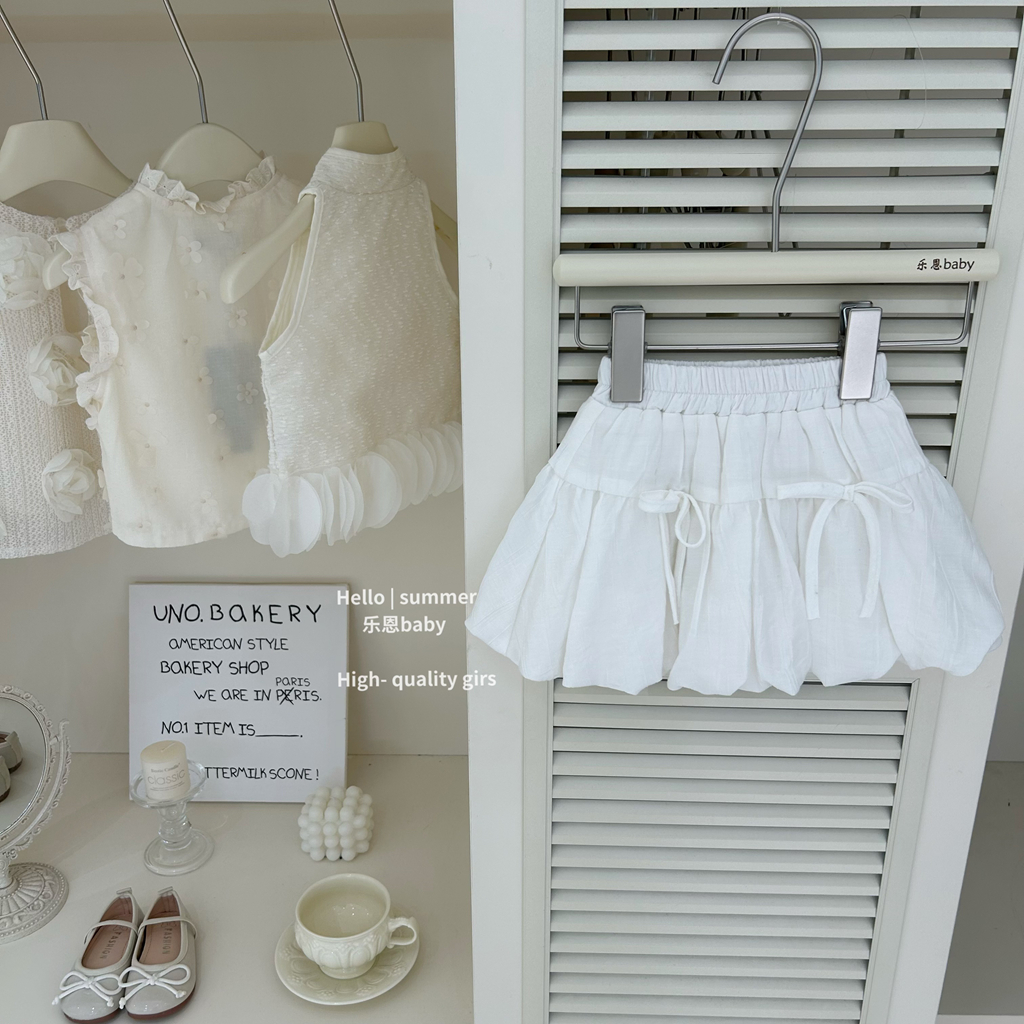 现货【乐恩baby】高级女童夏季奶黄色蕾丝上衣米白色花苞裤两件套装