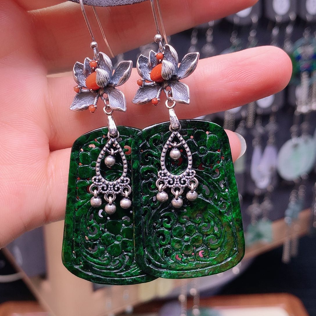 翡翠银S925镶嵌耳饰勿**心