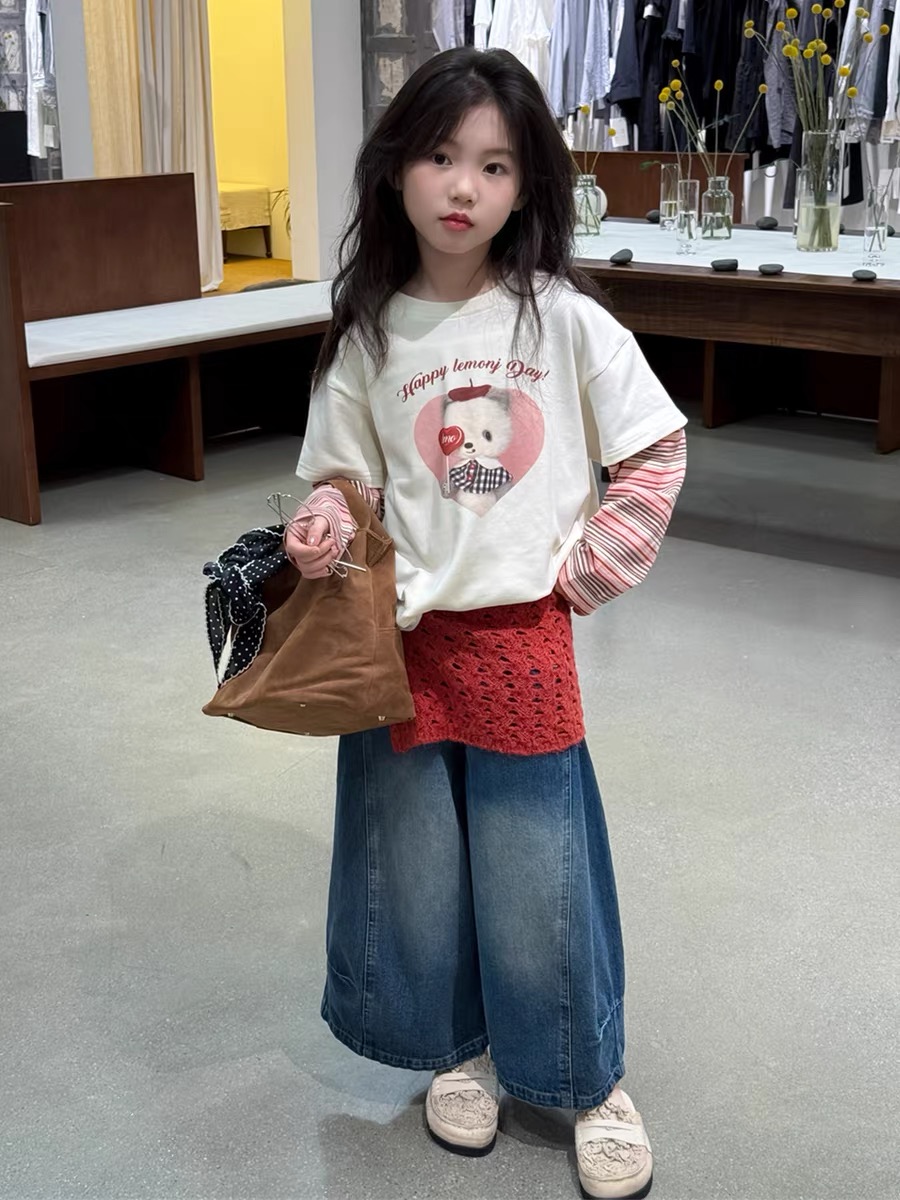 【清货】2025秋时髦小熊印花假两件女童打底衫 D709 709 Y