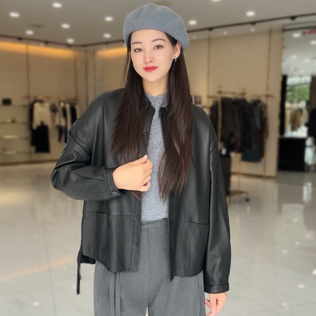 气质秋冬秋季女士标准皮衣法式黑色落肩袖复古港风