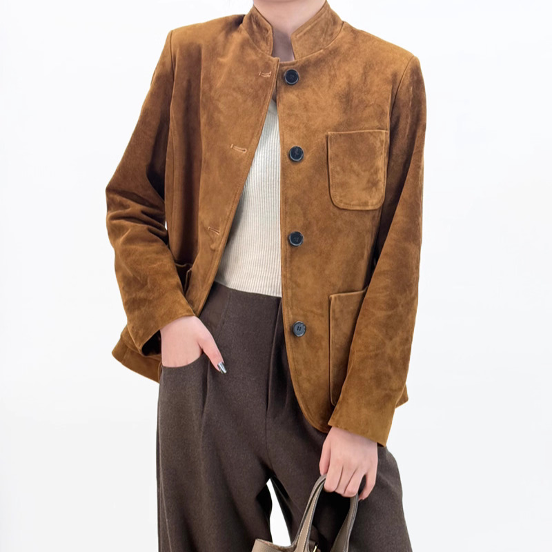 2025秋海宁真皮皮衣女士修身显瘦ol轻职风进口反绒山羊皮夹克外套