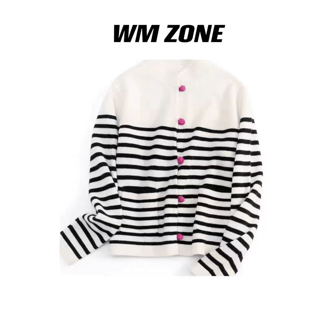 虎儿 4-8-1716 粉盘扣羊绒条纹针织开衫