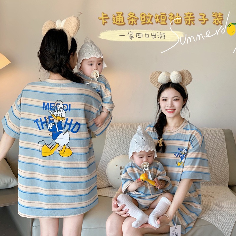 碧宝家~夏季新款亲子装短袖T恤一家三四口条纹婴儿爬服卡通洋气
