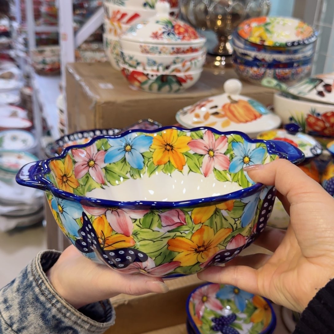 陶瓷8英寸蝴蝶双耳碗一只