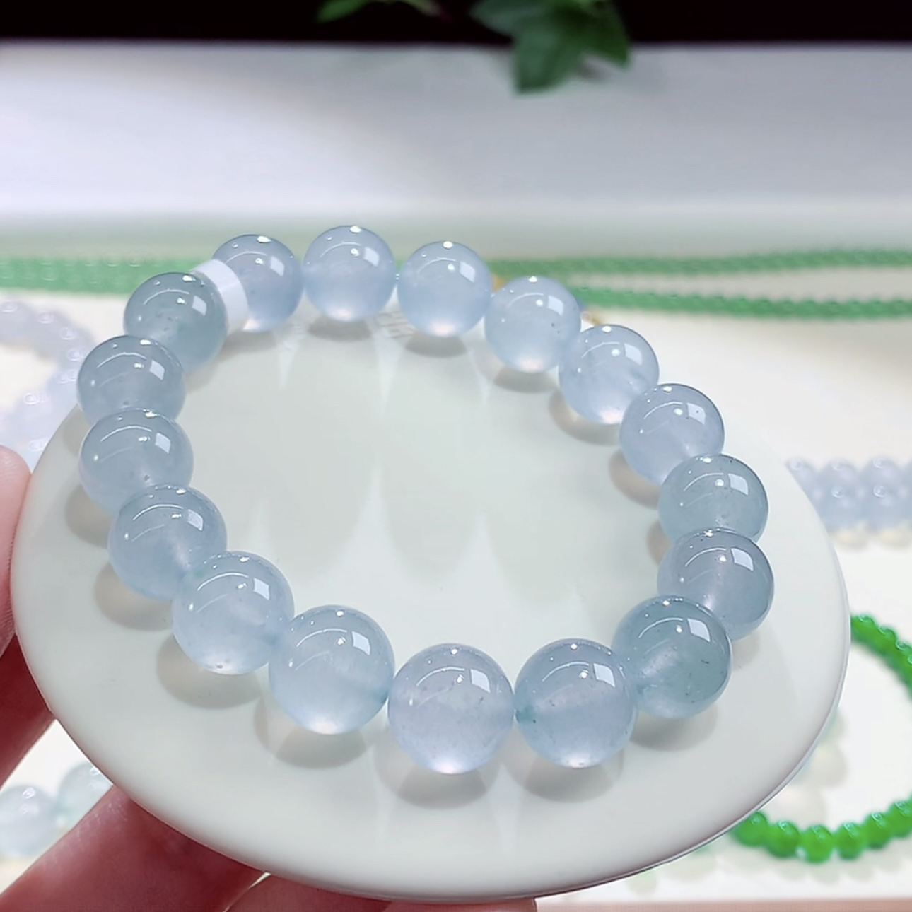 收藏级玻璃种蓝钢手串老坑缅甸天然翡翠A货种色兼备行家品质手串
