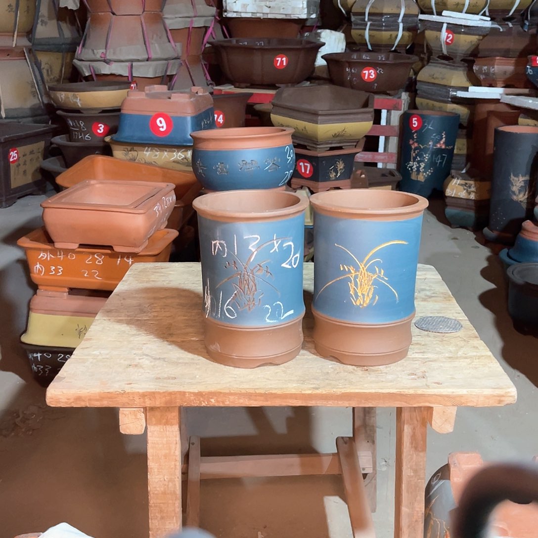 紫砂花盆竹节盆两个