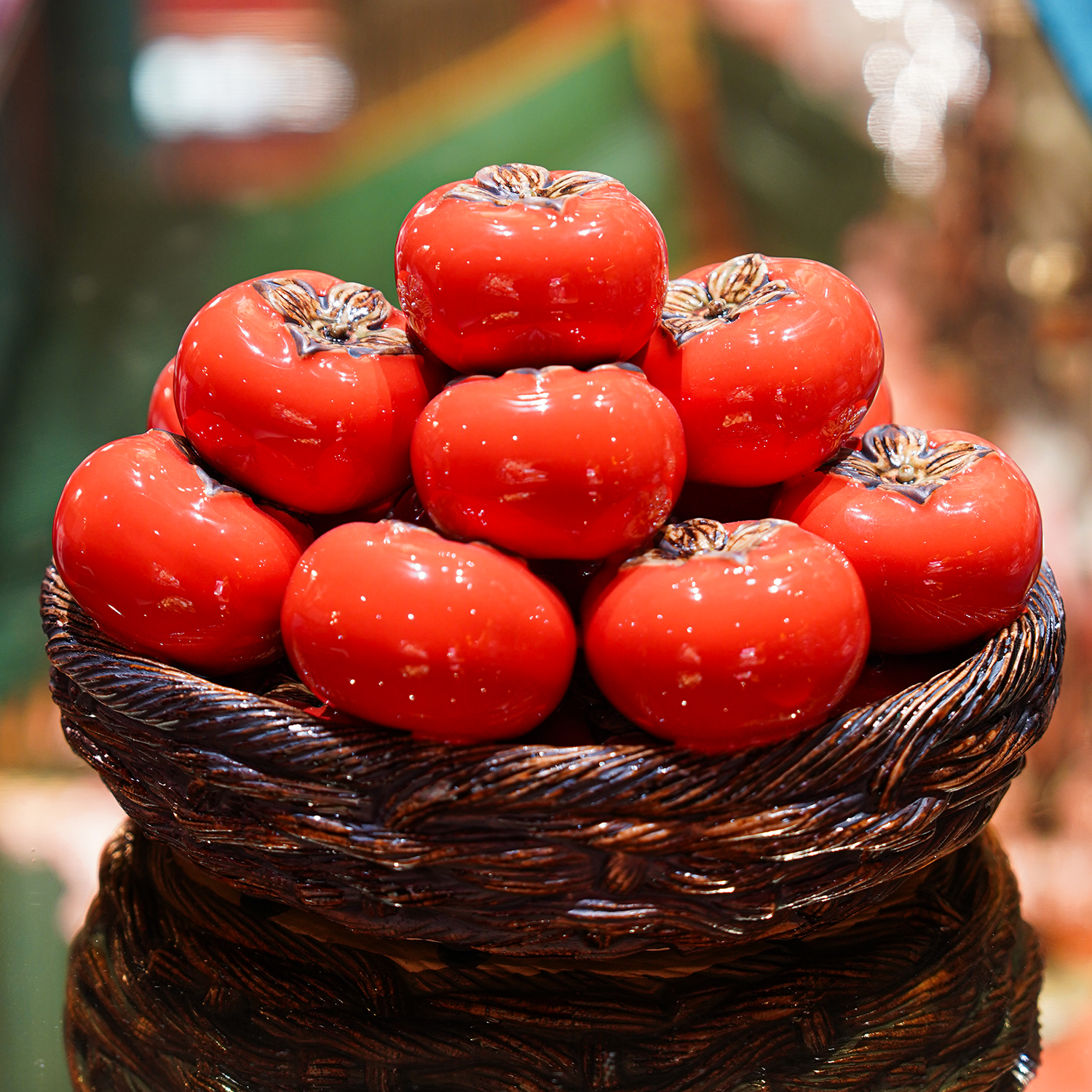 【本尼家】AM41非遗手工石湾陶柿子篮《事事如意》桌面装饰玄关摆件