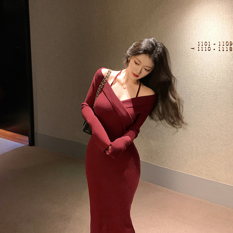 林关关 美艳冷白皮 挂脖包臀中长款连衣裙80791