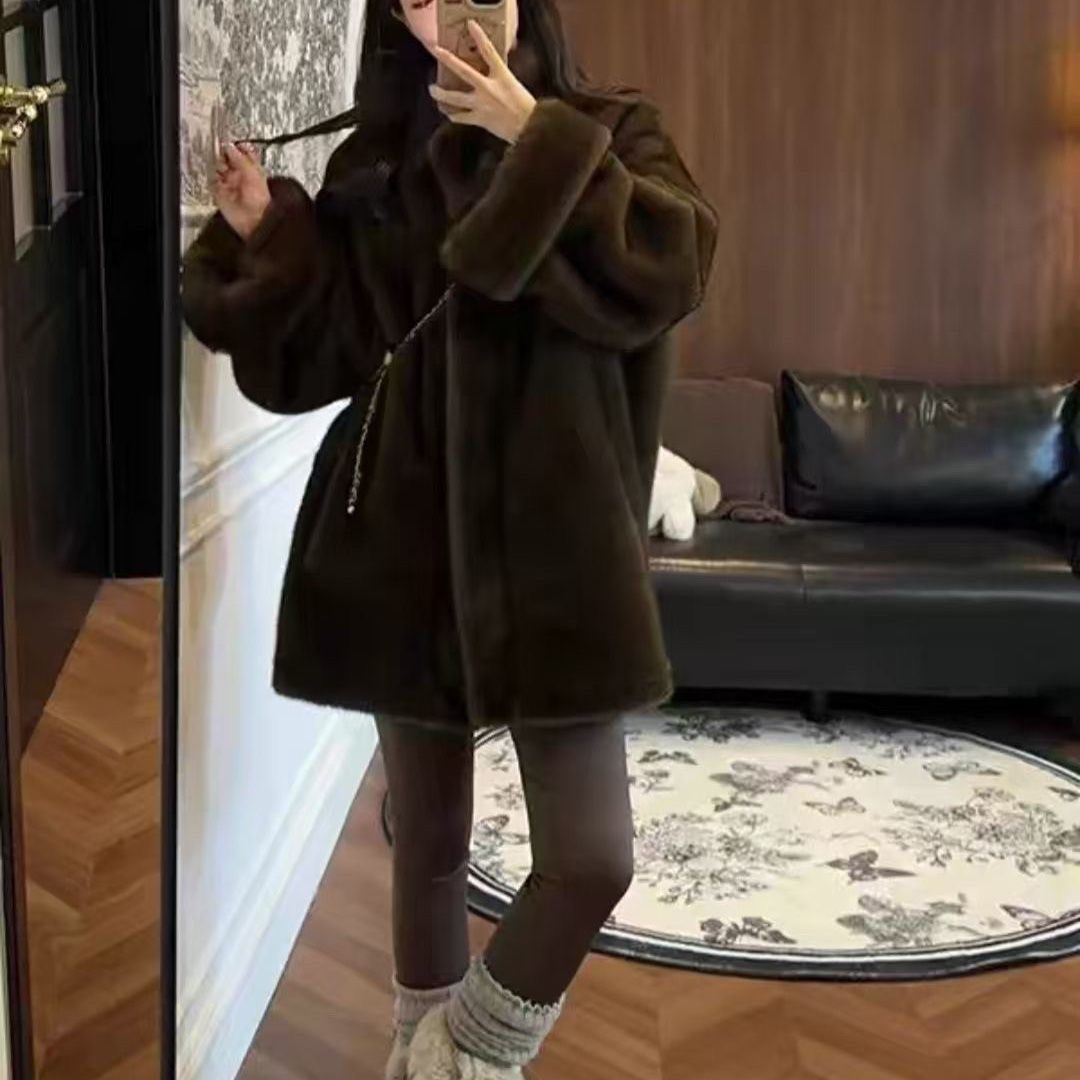 挽袖双色毛貂绒毛毛外套时尚百搭气质女士宽松休闲冬季网红显瘦