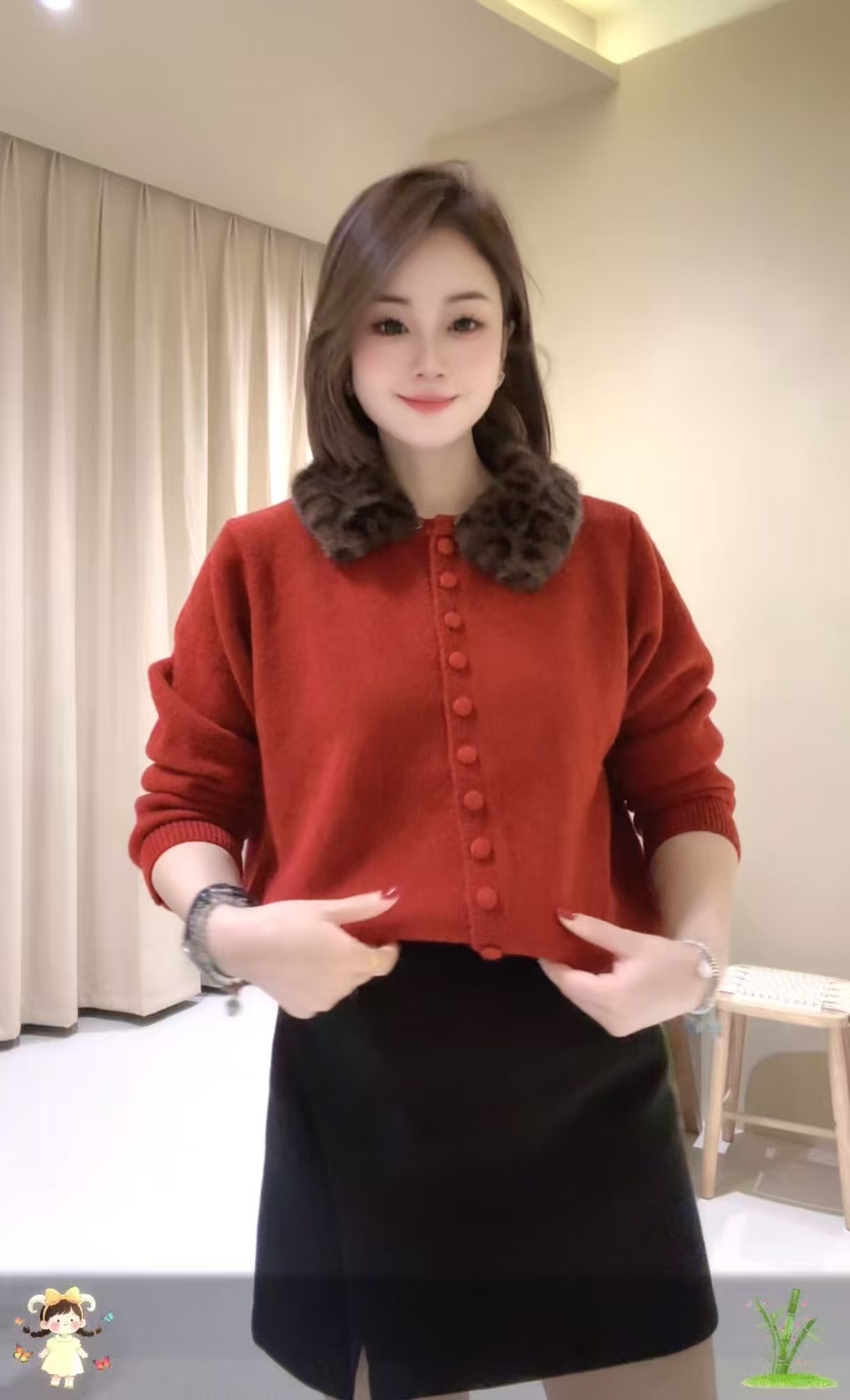 aBL滨莉家【毛领可拆卸】秋冬时尚豹纹拼接毛领长袖针织毛衣