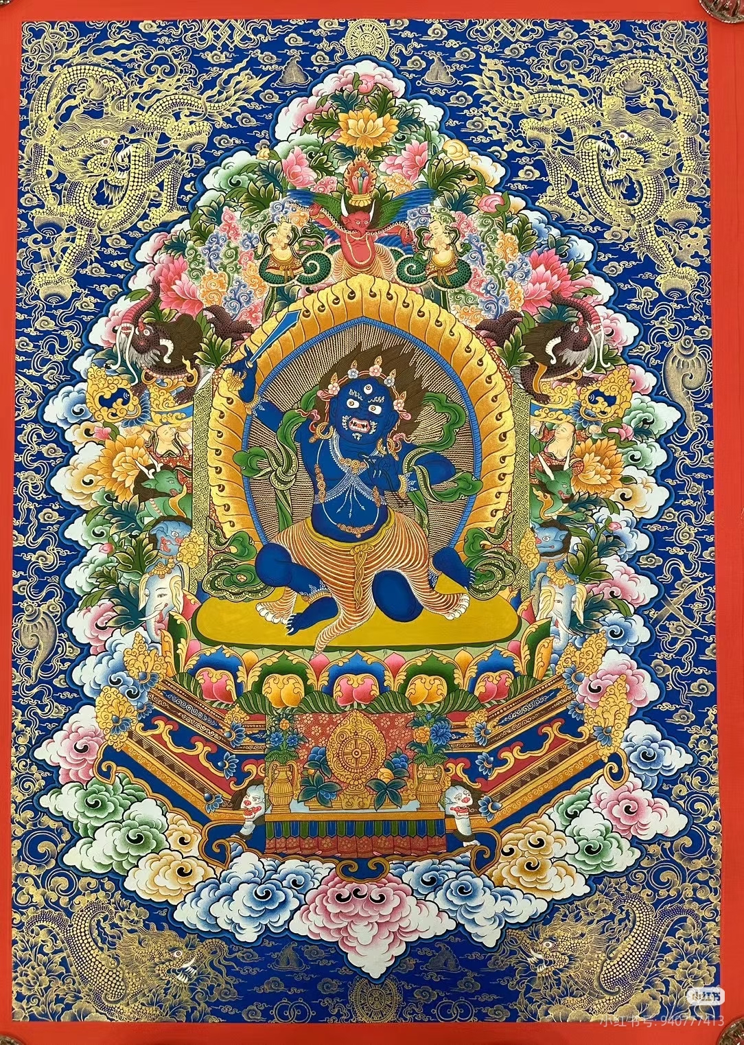 矿料五路财神唐卡挂画喇嘛绘制高端精品