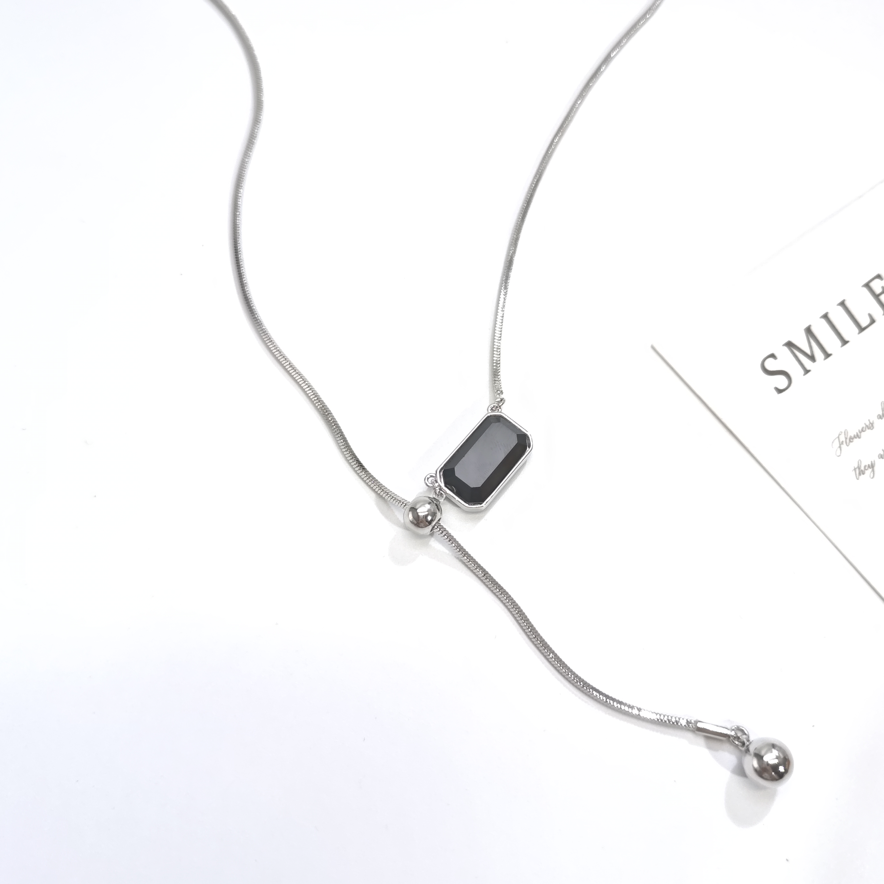 铜合金锆石项链 06538小众设计冷淡风长款可抽拉黑方锆个性项链