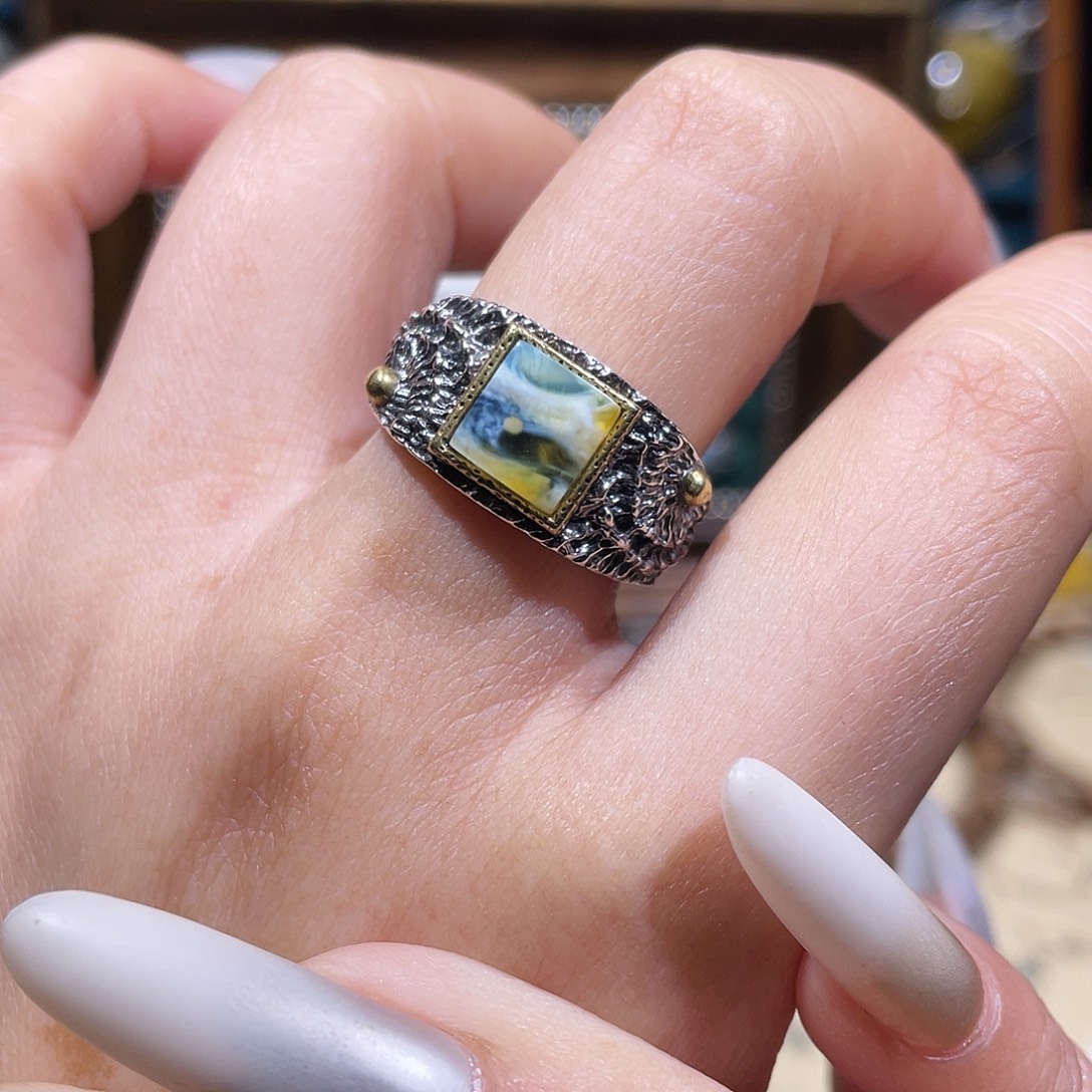 琥珀银S925镶嵌戒指戒指