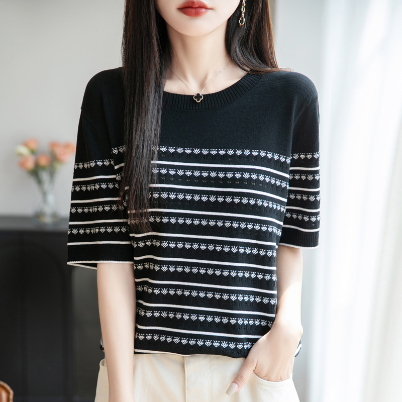 25春夏新款条纹针织衫女短袖圆领套头打底衫上衣外穿背心