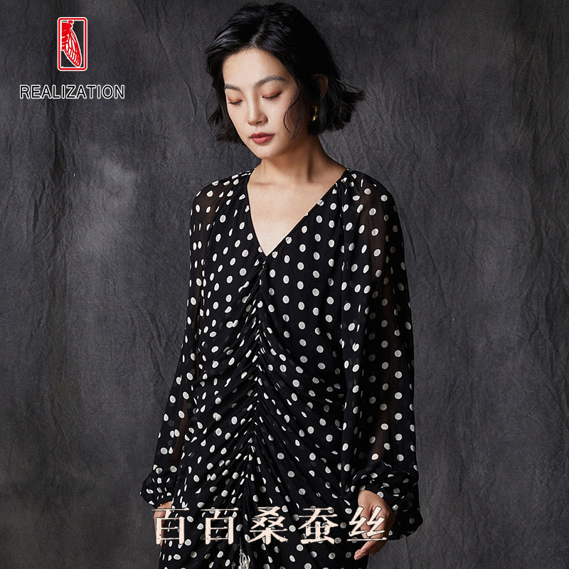 幽谷·波点藏溪气质显瘦复古长款设计师优雅时尚连衣裙长袖黑色