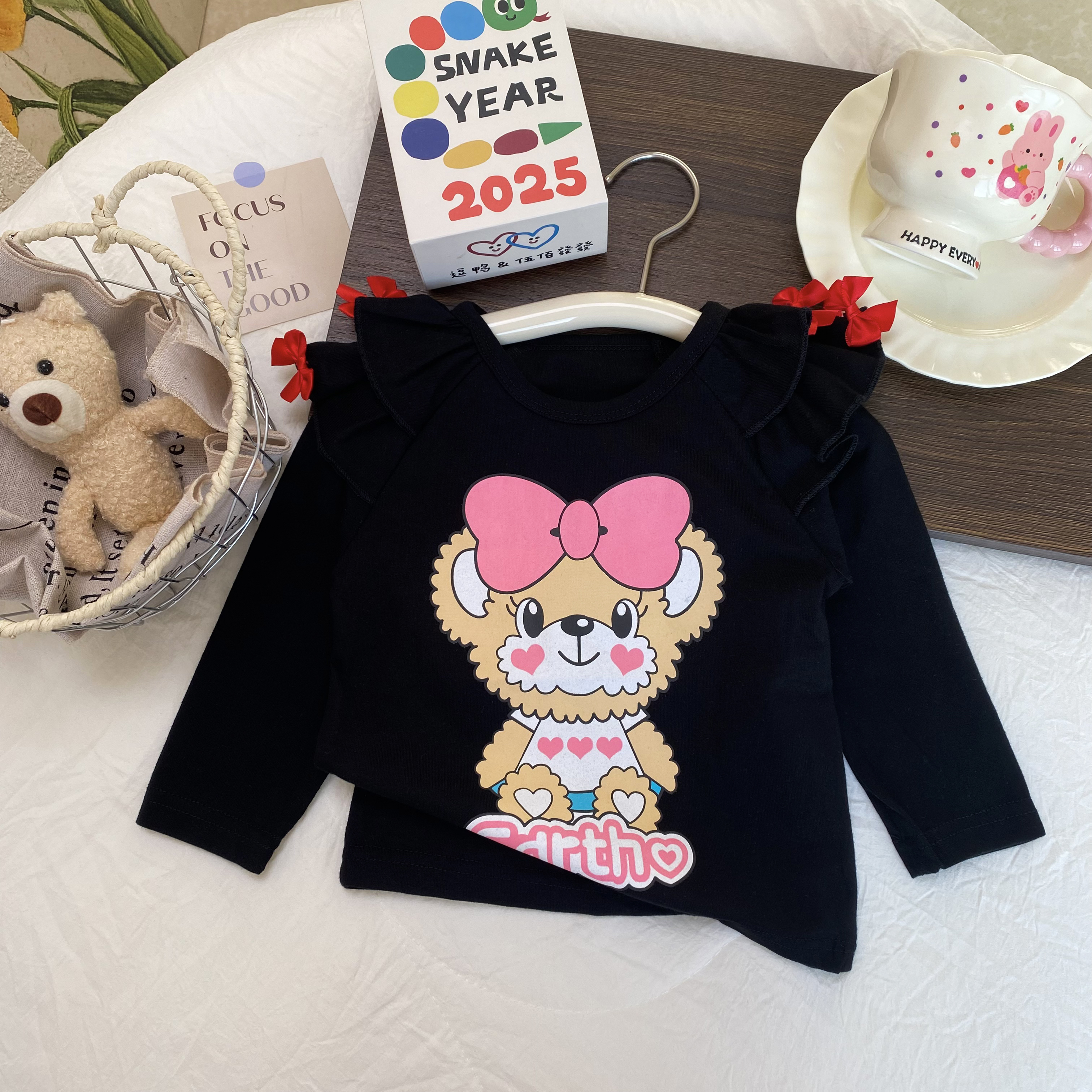 女童打底衫时尚2025发夹小熊休闲洋气卡通长袖宝宝T恤WL-X-C139