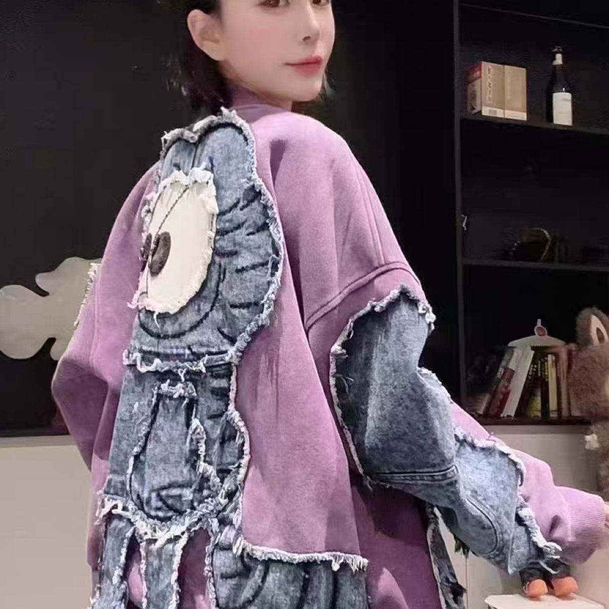 2025秋季新款宽松大版重工贴布加菲猫棒球服圆领外套