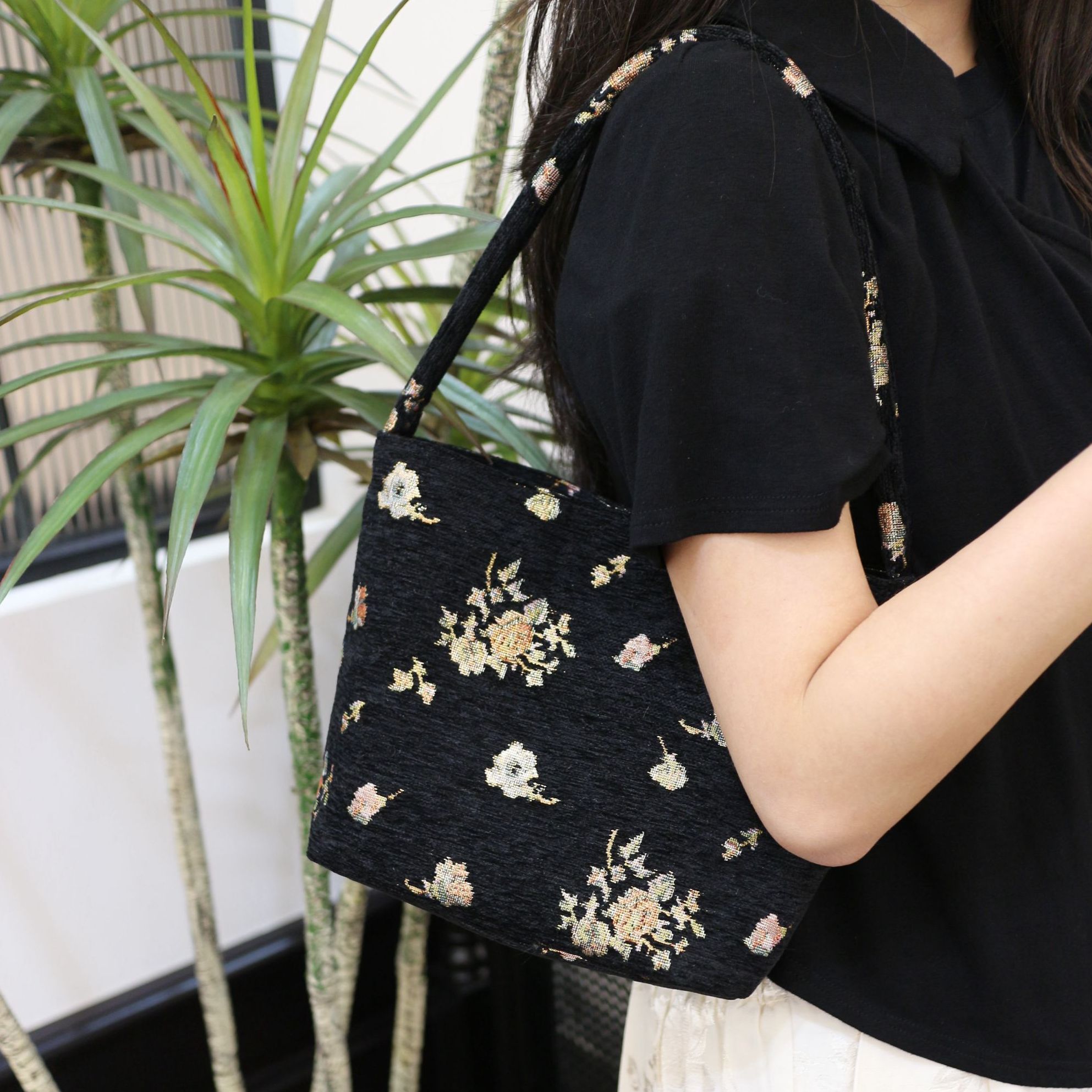 几礼新中式黑底碎花单肩腋下包复古手提大容量包包女士手拎包印花