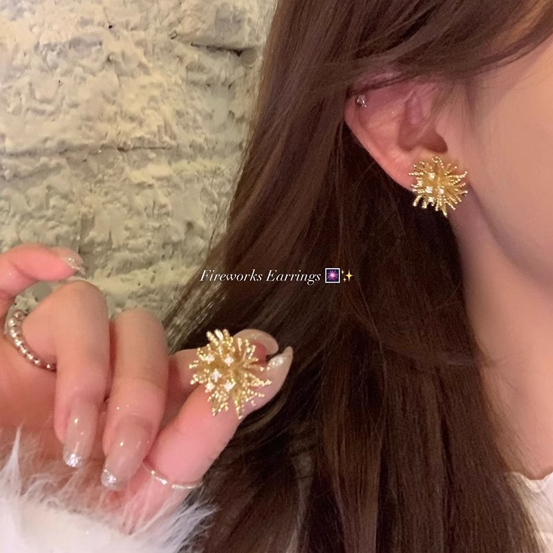 合金耳饰 法式微镶锆石烟花耳钉女高级感轻奢气质小众时尚百搭