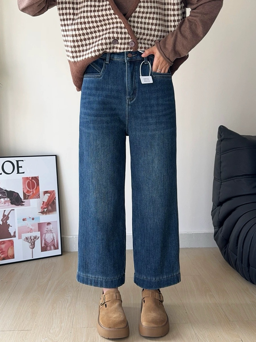 【2116】初#高腰加绒直筒宽松牛仔裤