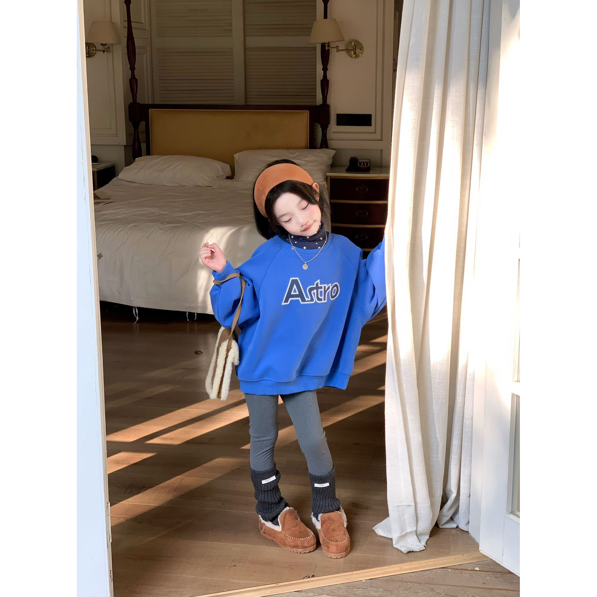 Bmy2025wt 女童冬新品韩版加绒卫衣波点内搭百搭打底裤套装