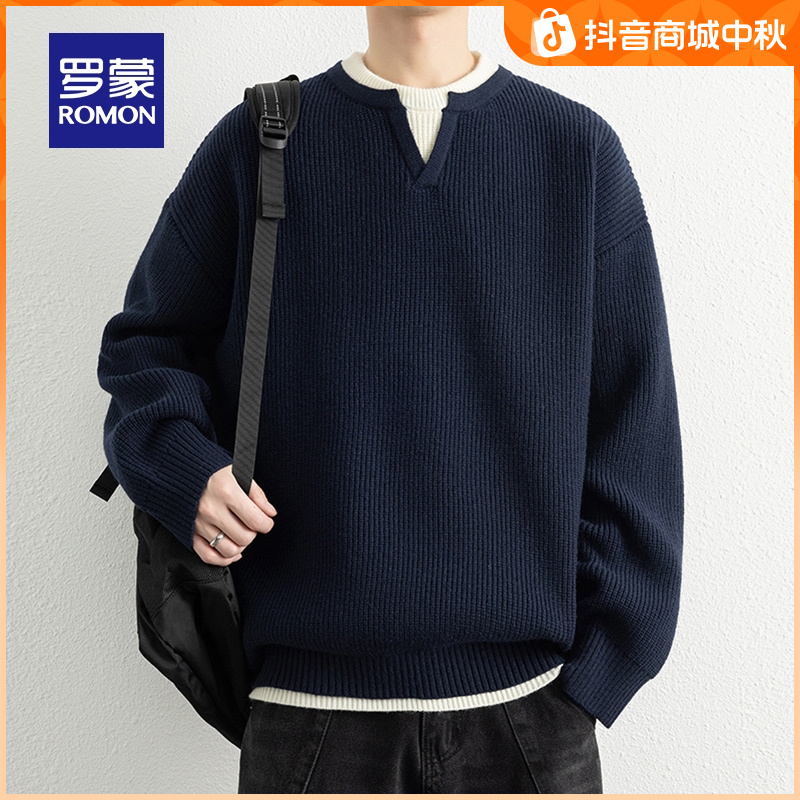罗蒙男士假两件长袖针织衫2025秋季新款宽松时尚百搭V领套头毛衣