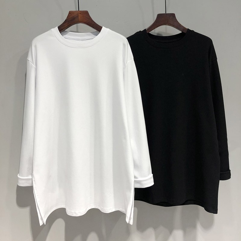 德绒白色开叉加绒加厚打底衫女秋冬叠穿内搭长袖T恤上衣宽松百搭