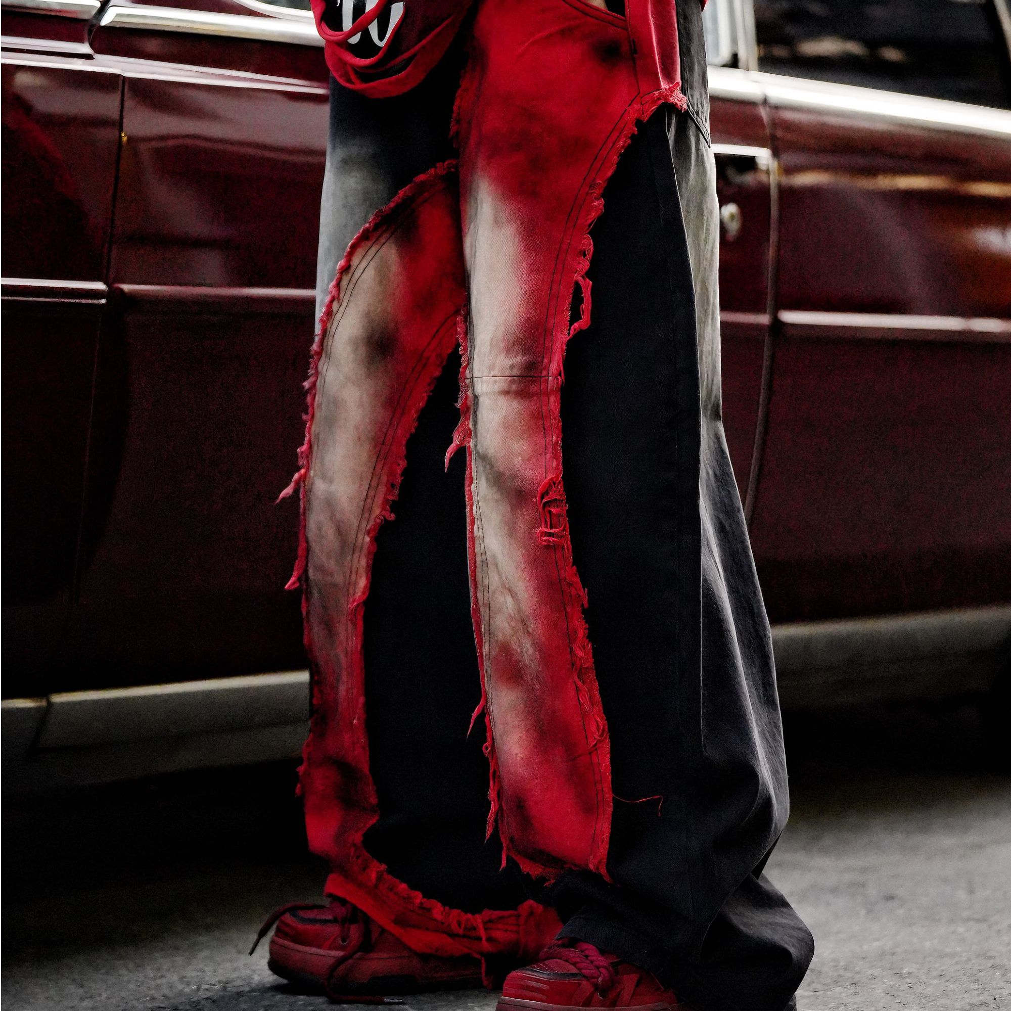 原创【红曜】重磅刺绣洗水做旧涂鸦牛仔拼接手绘不规则男女款