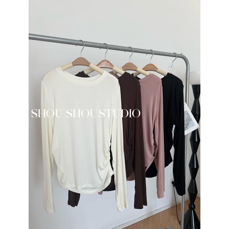 【菲菲】大码圆领腰部褶皱莱赛尔套头百搭宽松显瘦长袖打底S02079