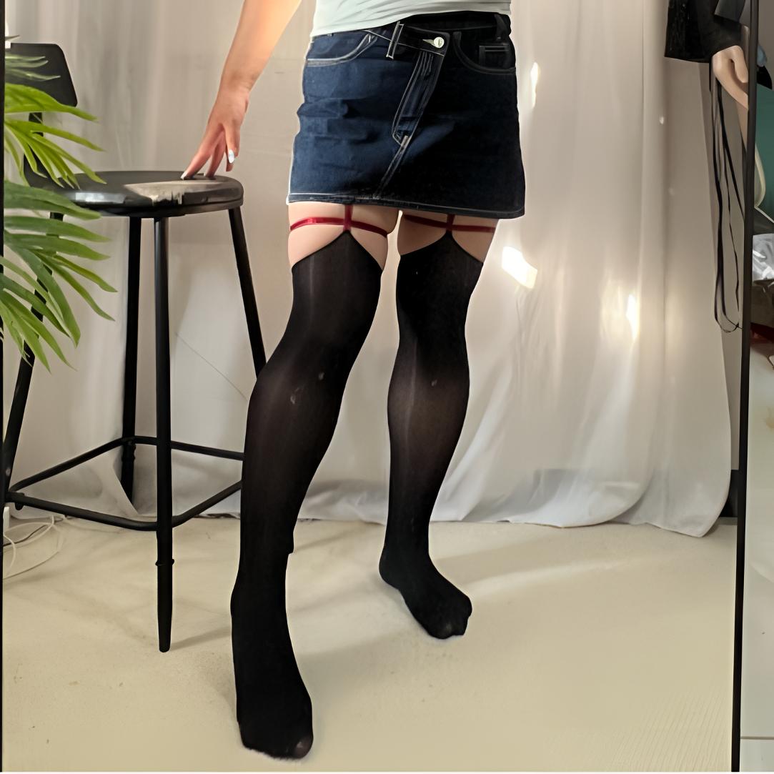 思吾大码｜勒痕一体腿环吊带油光款丝袜黑色袜子黑丝腿围70cm以内