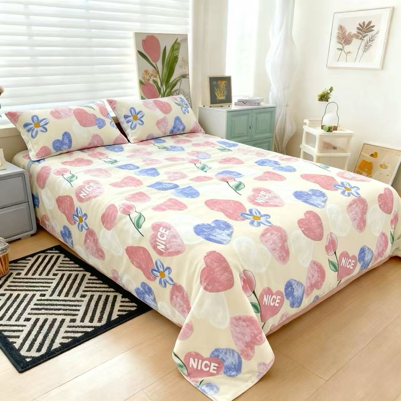 床上三件套【心灵花语】尺寸：2.3x2.3米床单+48*74枕套柔软清新斜纹