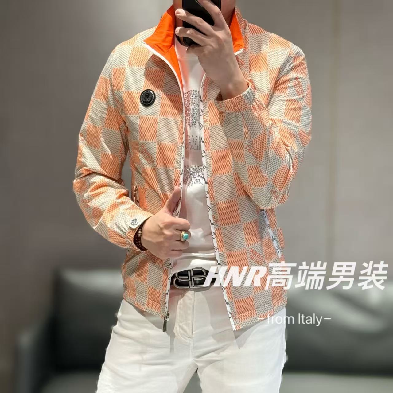 高端欧货男装三防包胶拉链经典棋盘格拉链夹克8051