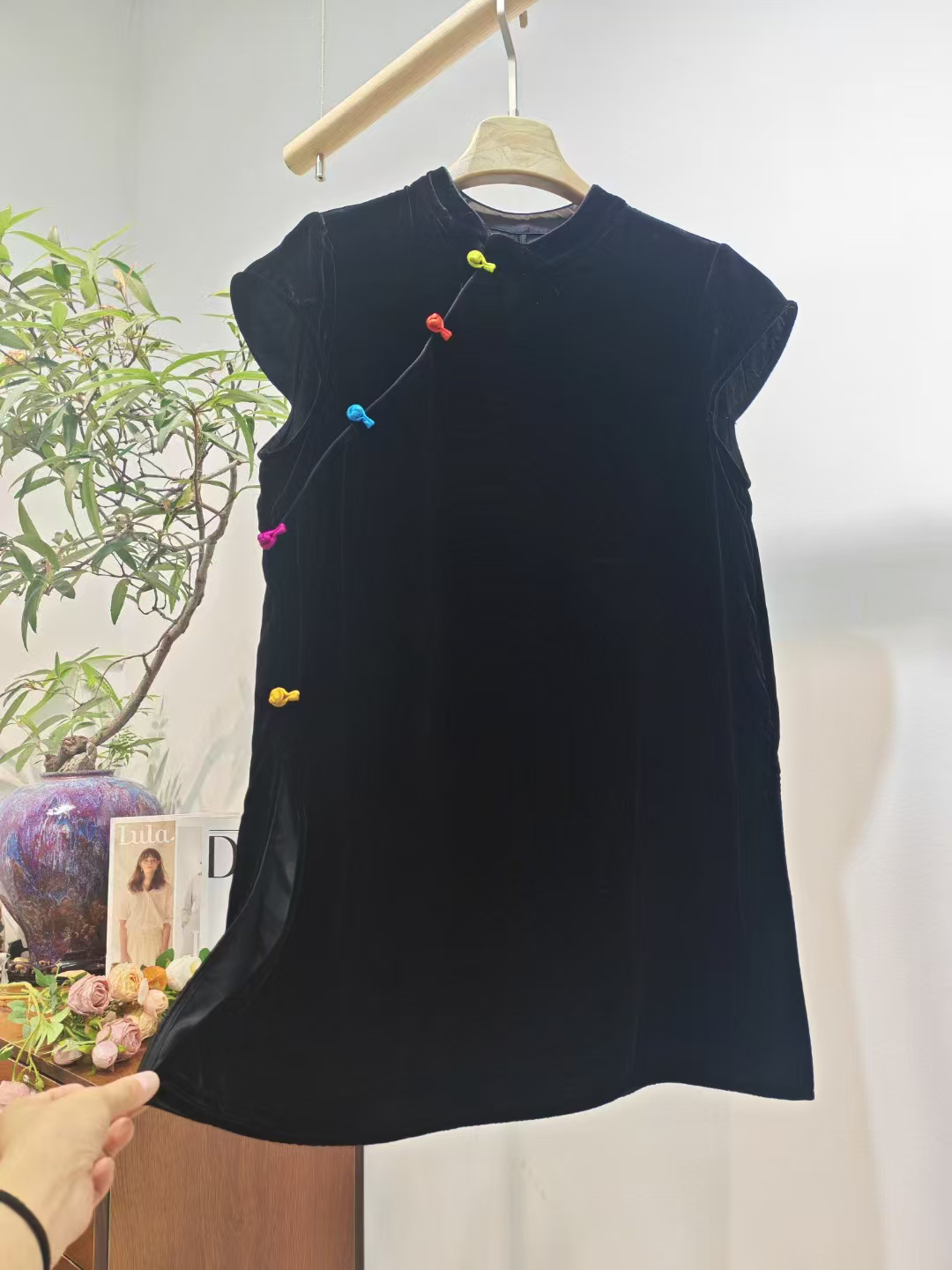 【五彩扣】桑蚕丝丝绒新中式立领盘扣改良无袖开叉旗袍长衫