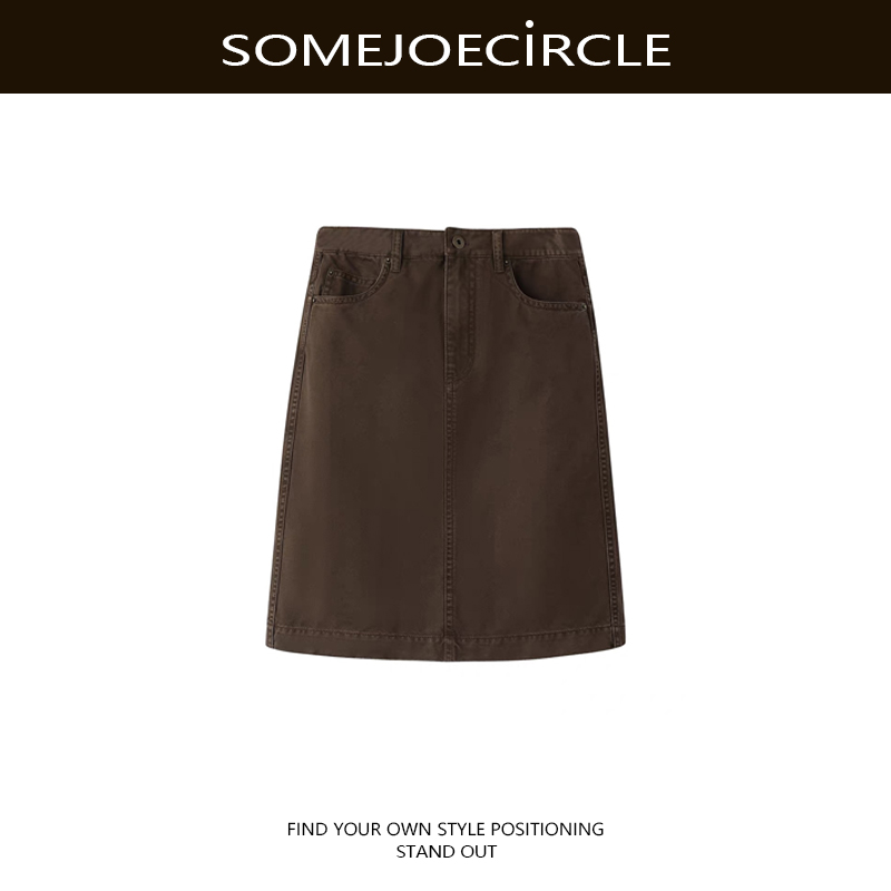 SOMEJOECIRCLE【枫】25秋新品烟熏棕棉高腰直筒开叉复古半身裙Z7560