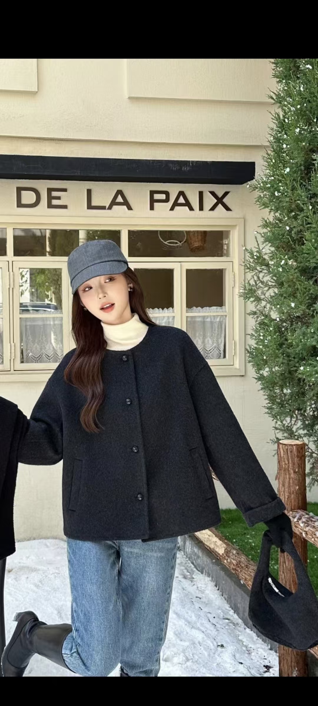 短款黑色气质厚款小香风毛呢外套短外套拼接开衫秋冬