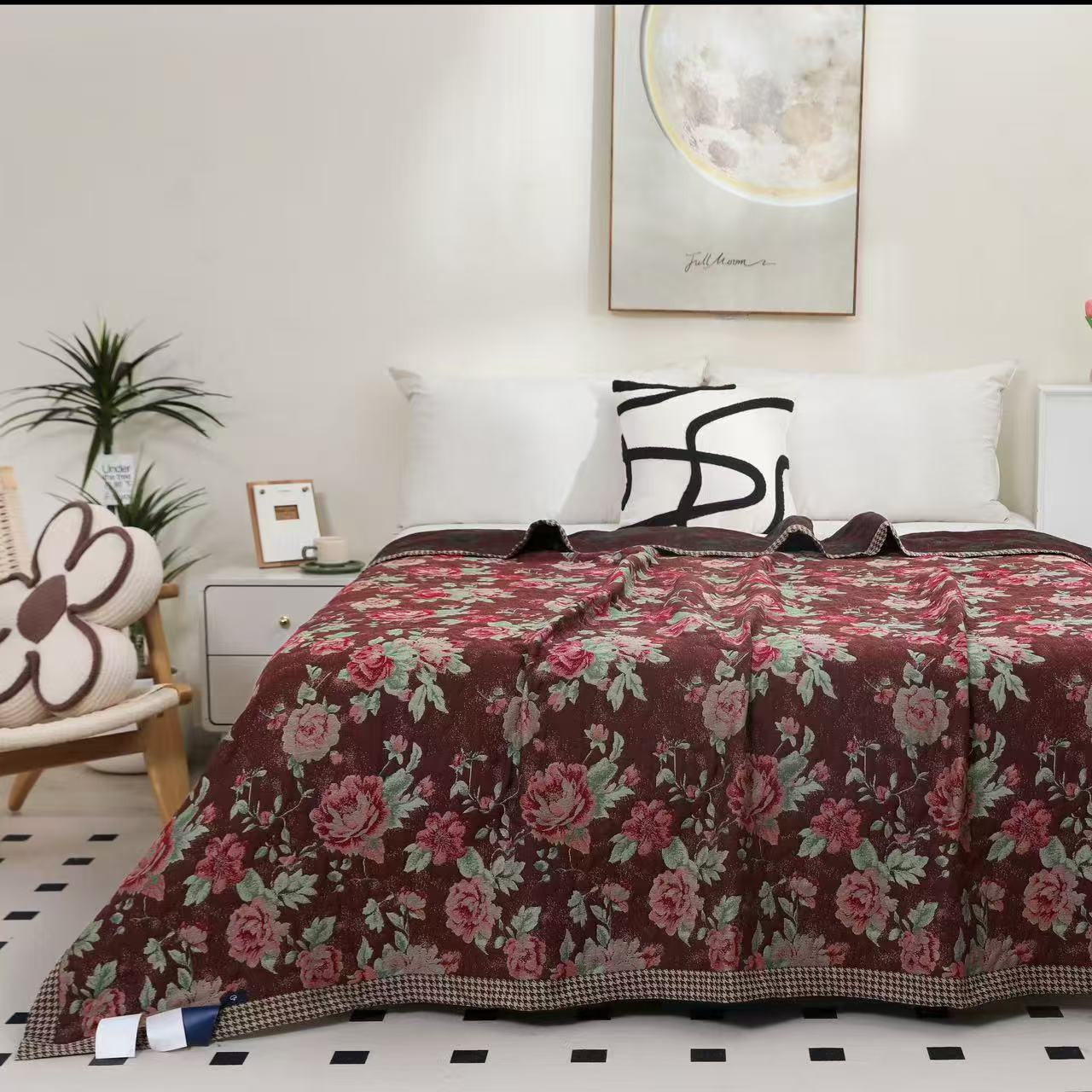 咖色浪漫牡丹--200*230多层 蚕 丝蛋白热特姆纤维纱布加厚床盖