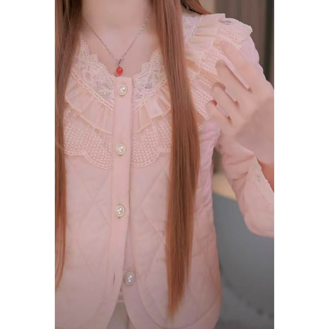 【伊舞】2025秋冬新款粉色菱形棉服外套女高级感甜美法式温柔小外套