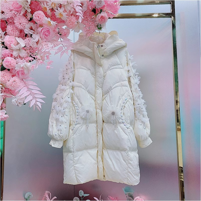 HH7303欧美设计师2025冬季新款重工钉钻拼纱花朵连帽羽绒服外套女