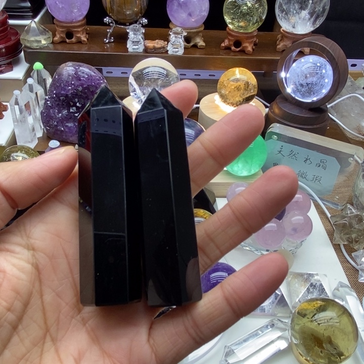 水晶摆件未镶嵌金*櫃天然黑曜石柱