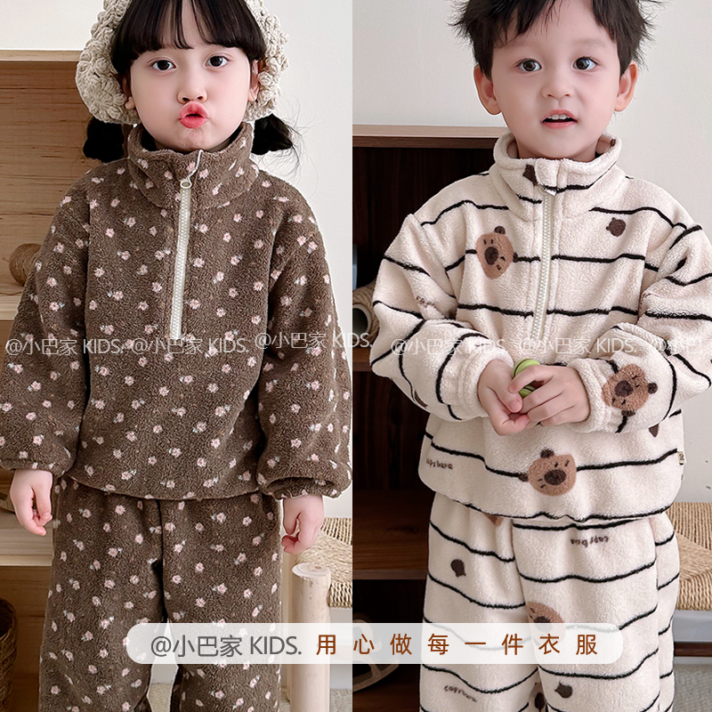 宝宝雪粒绒睡衣男女孩秋冬款婴儿童保暖加绒家居服套装