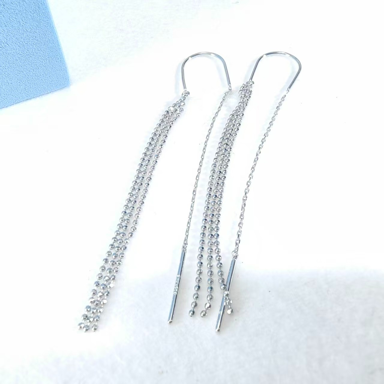 PT950铂金耳饰 U型防丢珠珠流苏铂金耳线约6.5cm 