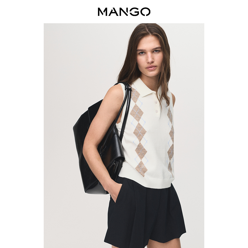 MANGO女装马甲2025秋装新款学院风细线针织菱形图案Polo领马甲
