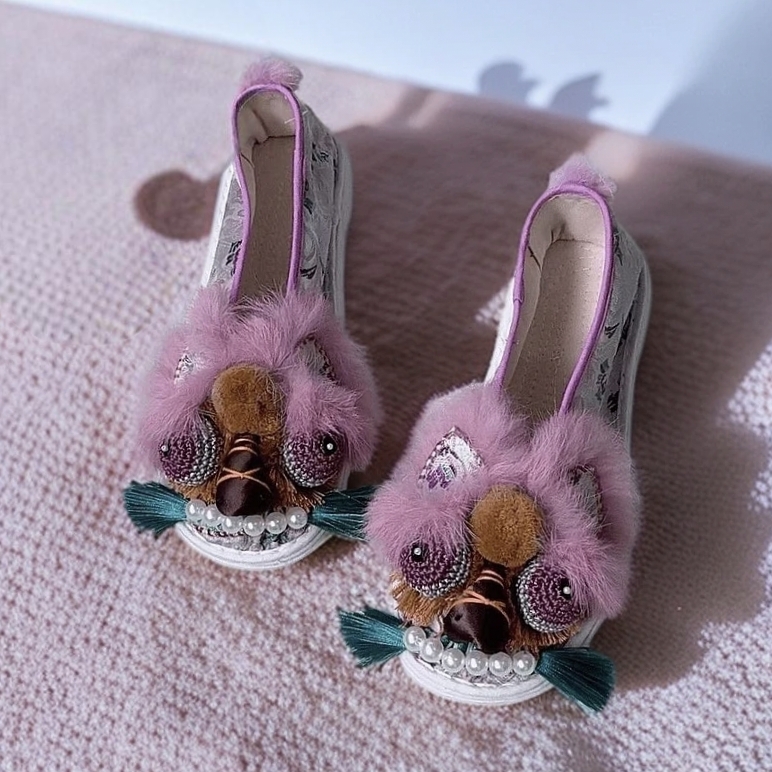 纯手工非遗重工豆蔻粉紫虎头千层底汉服民族风国潮女式平底布鞋