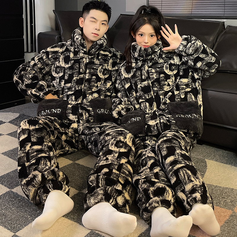 情侣睡衣秋冬法兰绒拉链立领男女同款韩版潮牌可外穿家居服套装冬
