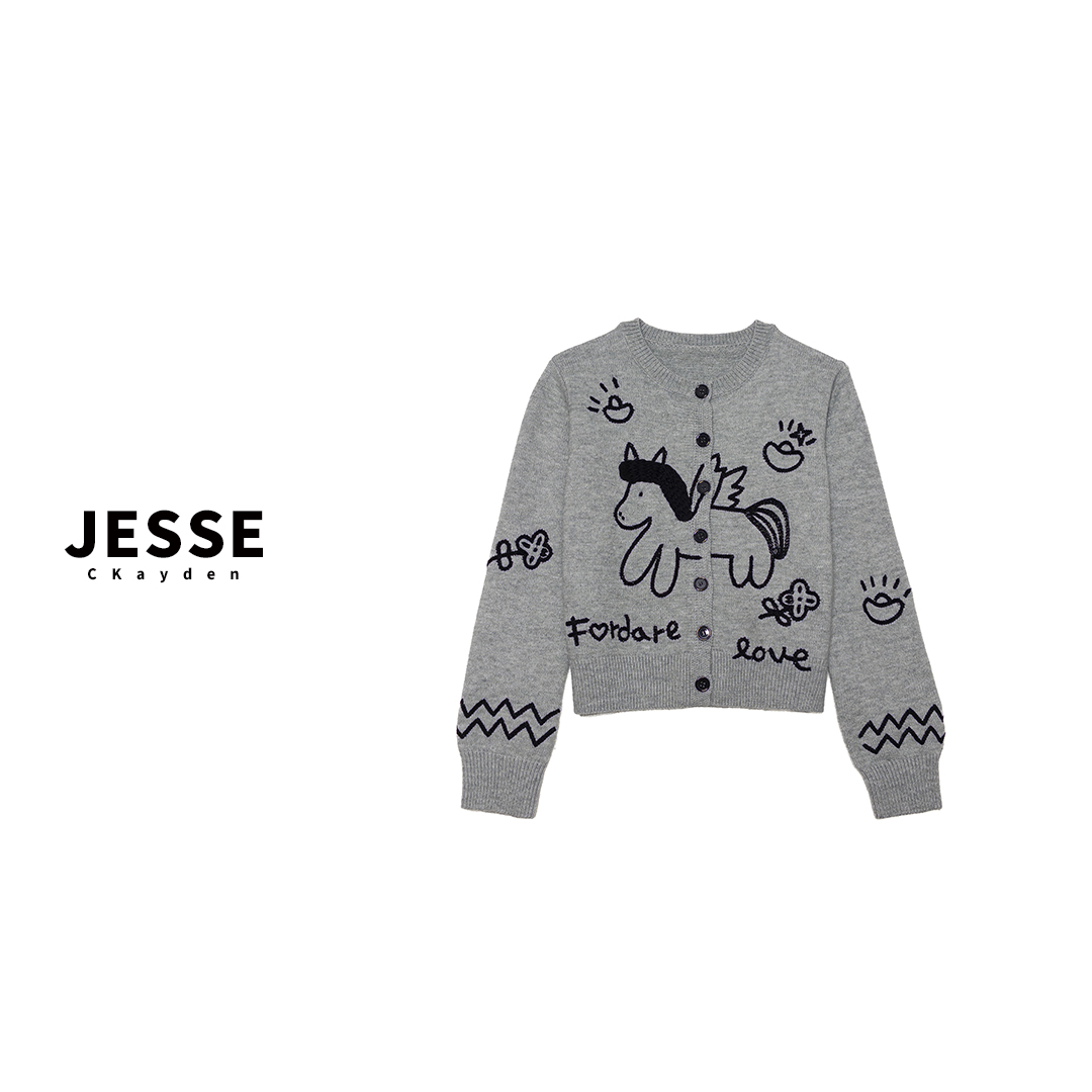 小马独角兽秋冬针织上衣开衫款圆领网红长袖时尚刺绣SS0371