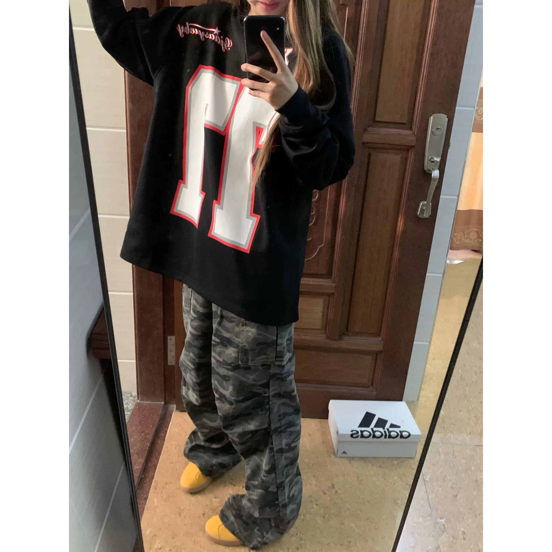 YWBY早秋美式风重磅慵懒风潮牌圆领宽松纯棉螺口长袖t恤休闲上衣